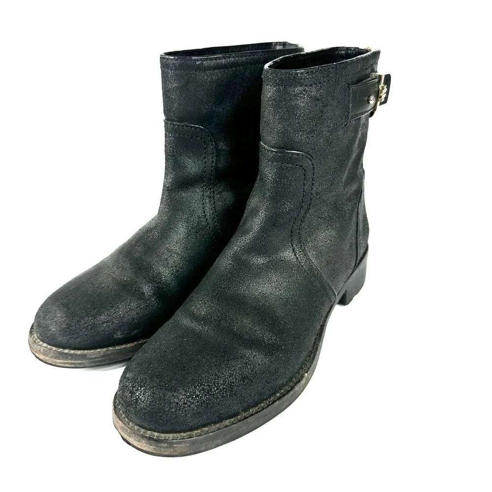 Tory Burch leather Selena biker moto boots ankle distressed black 7.5 strap zip
